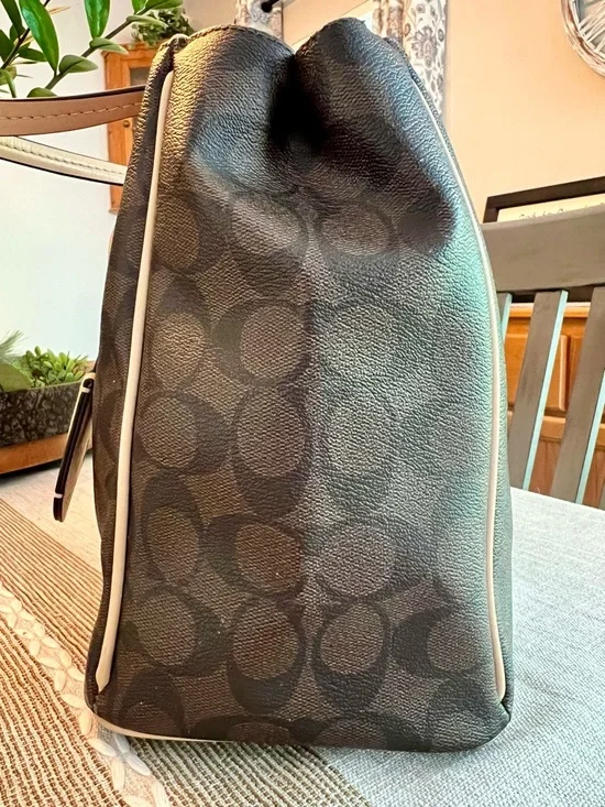 🤎Coach Signature Brown Canvas Tote Tan Leather Trim Shoulder Bag Zip Top - Picture 10 of 16